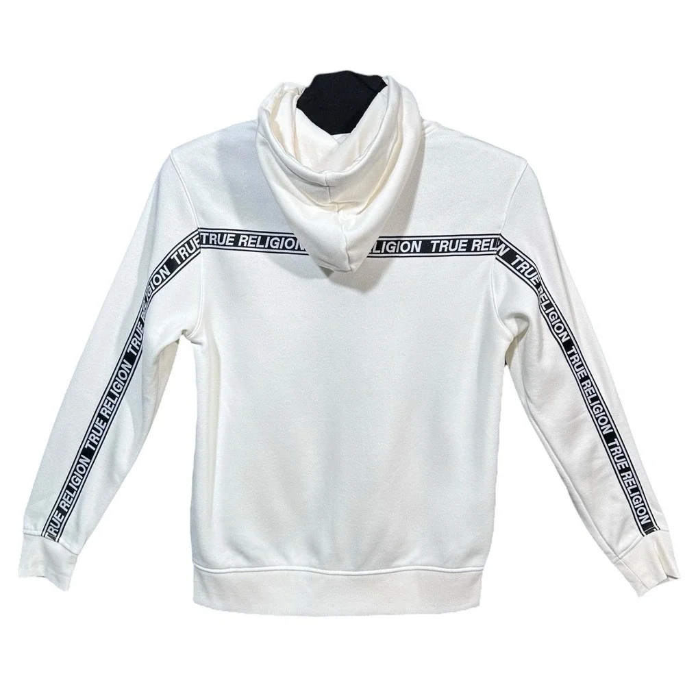 True Religion Mens Full Zip Hoodie Size L‎ Winter White Branded Tape Across Back